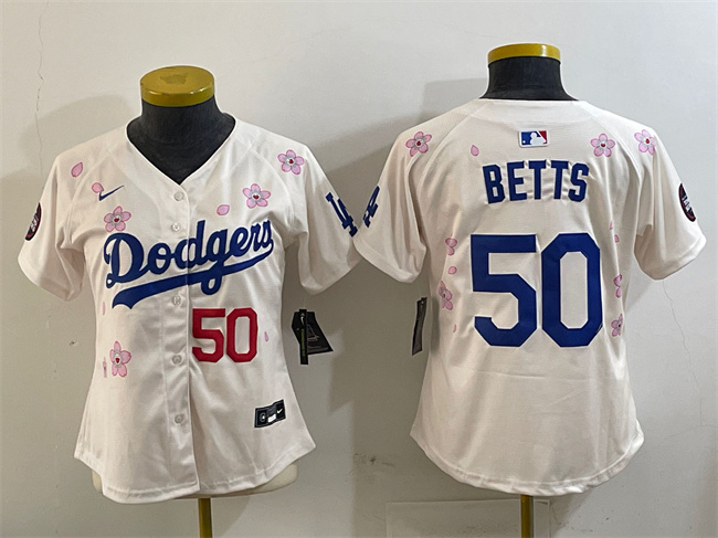 Women's Los Angeles Dodgers #50 Mookie Betts Cream 2025 Tokyo Series Limited Stitched Baseball Jersey(Run Small) Women's Los Angeles Dodgers #50 Mookie Betts Cream 2025 Tokyo Series Limited Stitched Baseball Jersey(Run Small)
